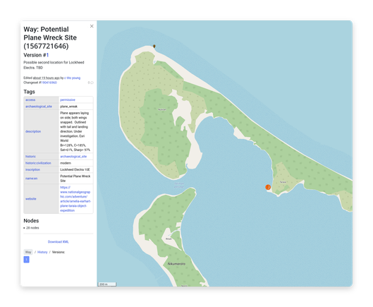 screenshot of the western part of Nikumaroro on OSM. Highlighted on the may is one of two archeological sites, the sidebar reads "Node: Potential location Lockheed Electra (14277727103) - Version #1 - Possible second location for Lockheed Electra. TBD" and " Edited about 19 hours ago by c tito young - Changeset #190416960 0 - Location: -4.6681886, -174.5284495". The other 'archeological site' icon on the very northwestern tip of the island is the first potential location.