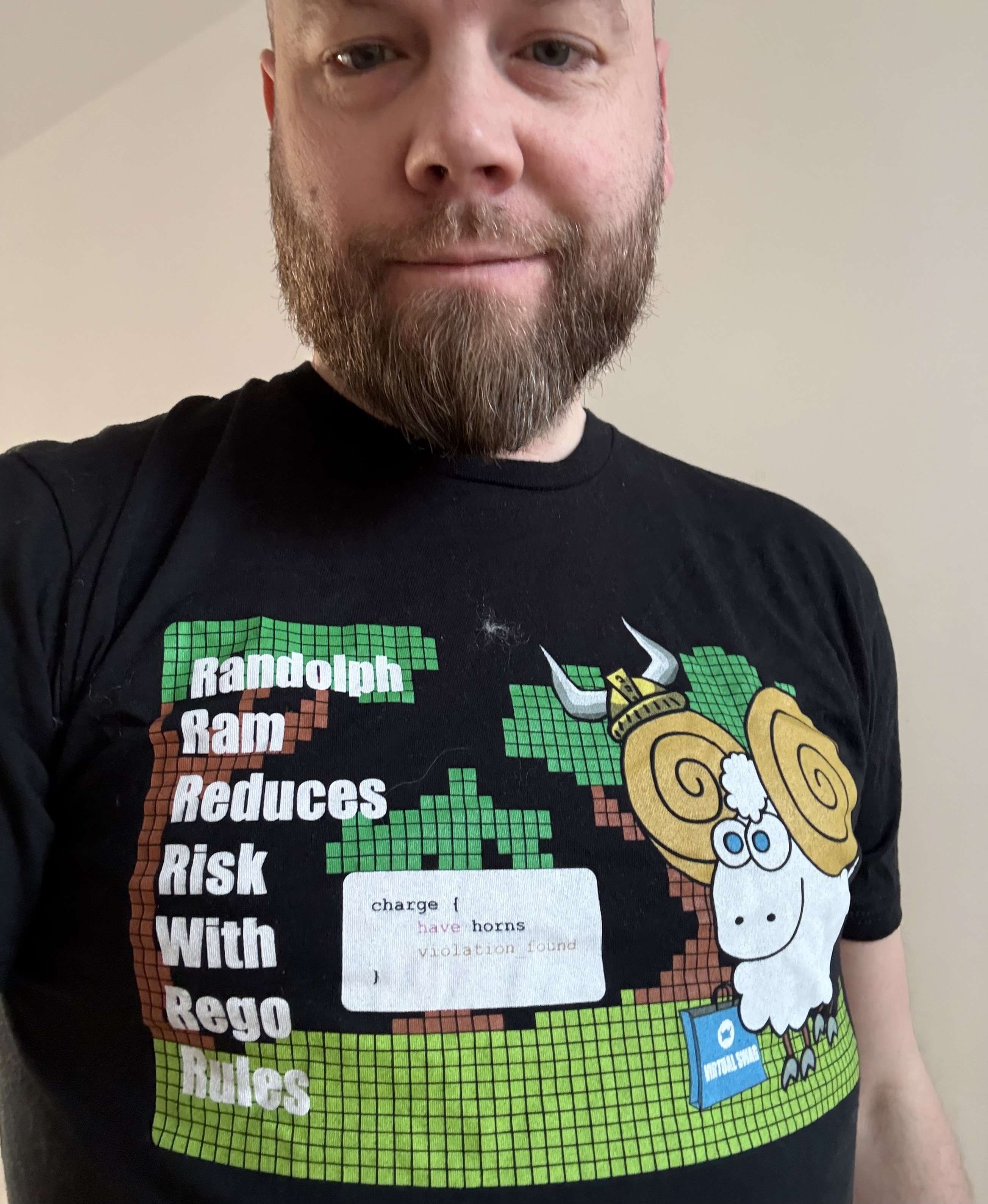 Me wearing a funny T-shirt with a drawn ram on on it and the text ”Rudolph Ram Reduces Risk With Rego Rules”