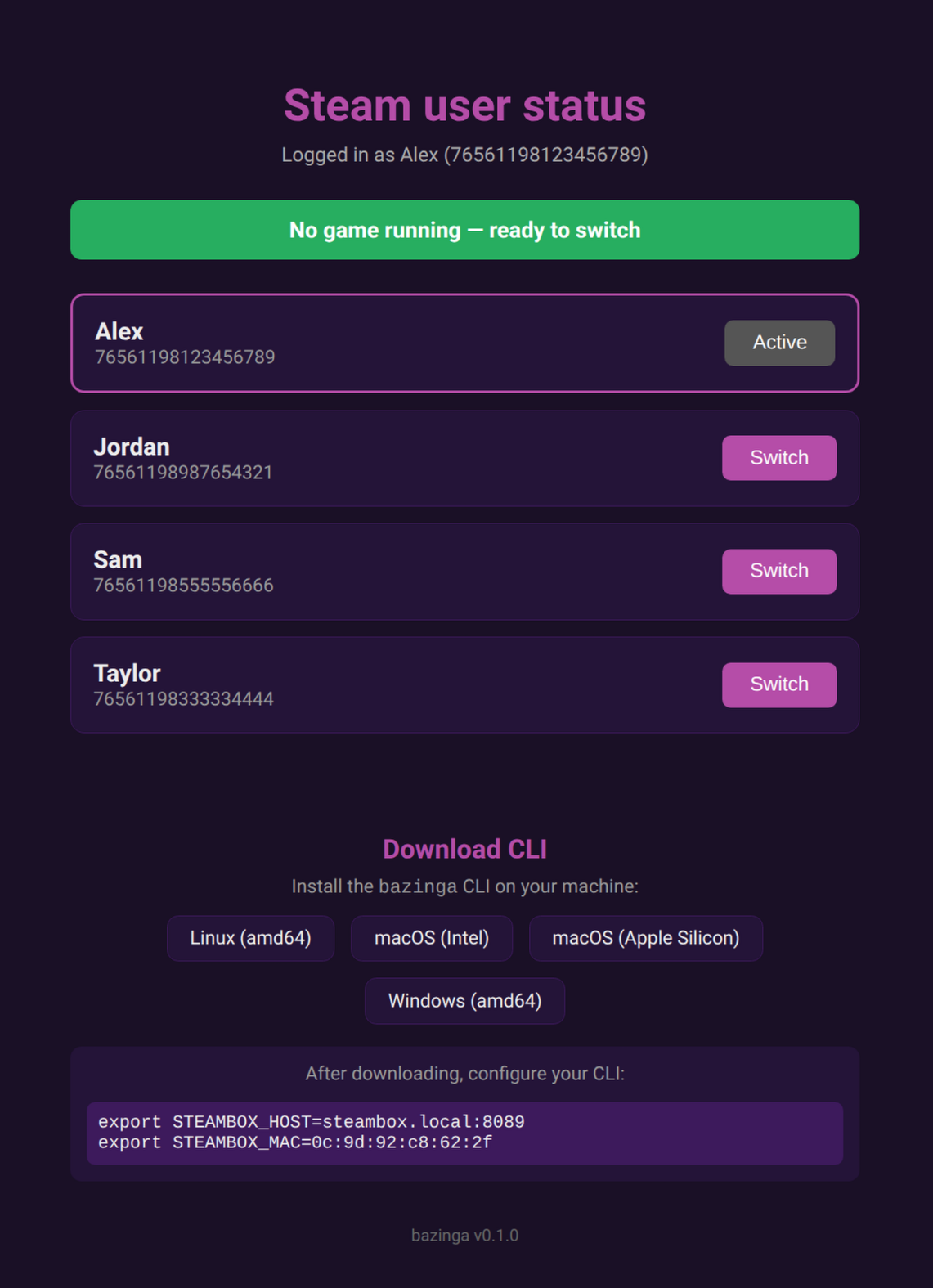 Screenshot of the Bazinga web UI, show current Steam status with one user being logged in, no game is currently active and the ability to switch the logged in user to someone else. Further down the page are links to CLI binaries for Windows, macOS (x86 and aarch64) and Linux.